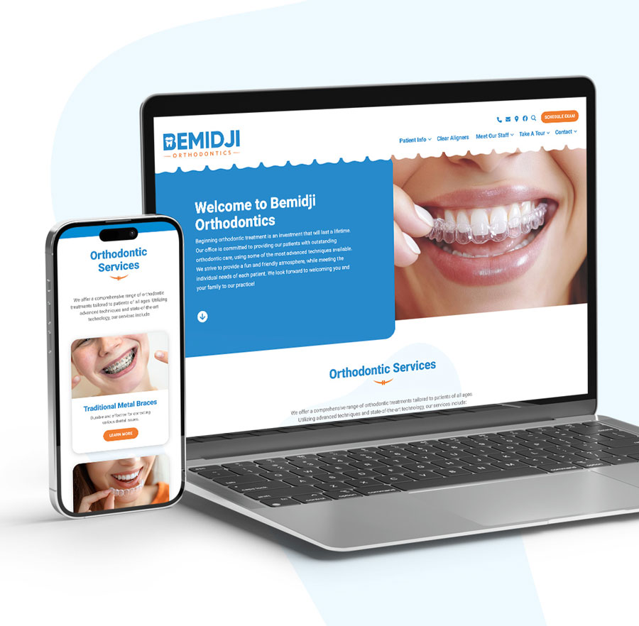 Laptop and phone displaying orthodontic services website.