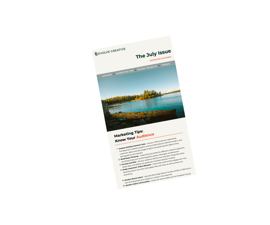 Evolve Creative July newsletter with marketing tips