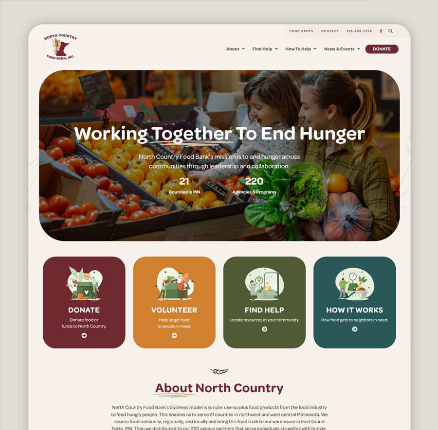 North Country Food Bank homepage with donation options.