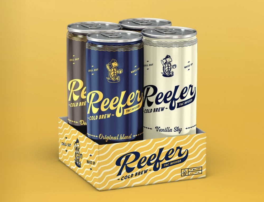 Reefer THC Cold Brew cans pack on display.