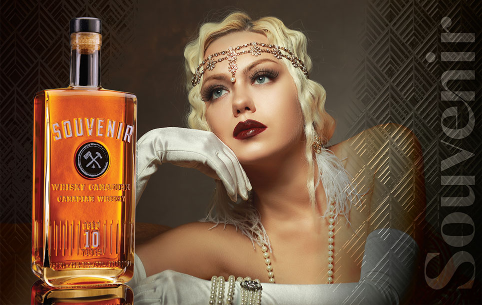 Elegant woman with Souvenir whiskey bottle.