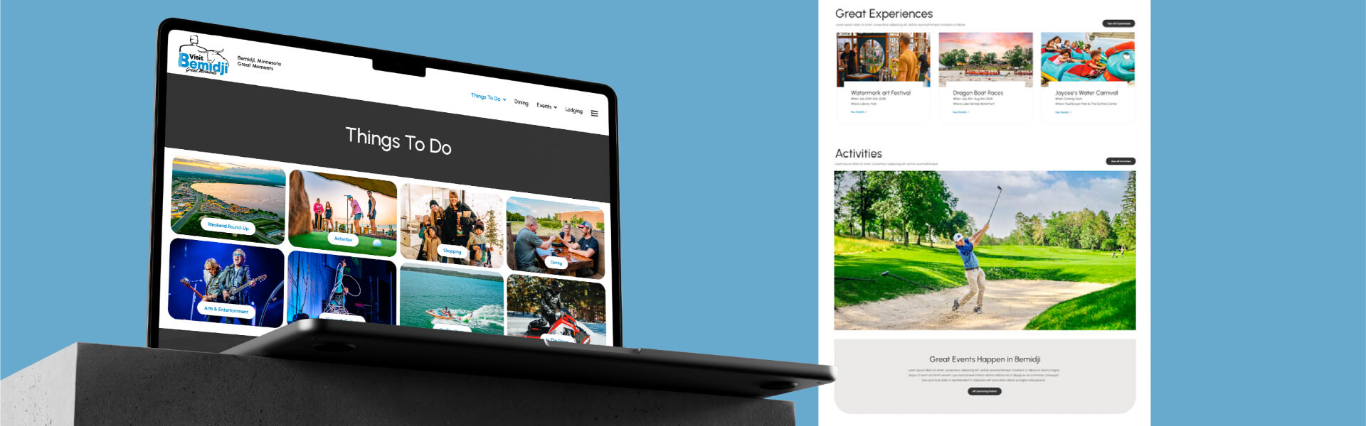 Laptop displaying Visit Bemidji tourism website with activities