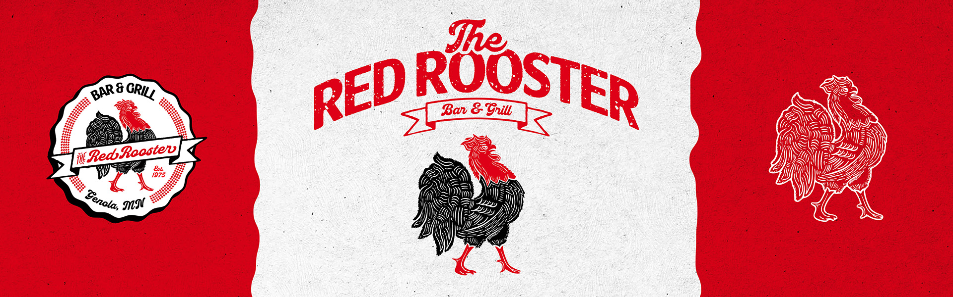 Vintage-style rooster logo design for Red Rooster Bar Grill Pierz Minnesota