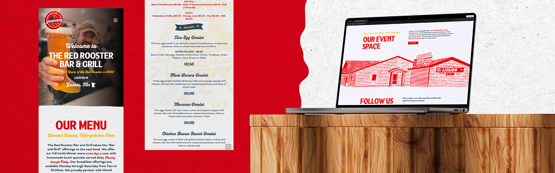 Red Rooster Bar Grill website design for food and beverage small business